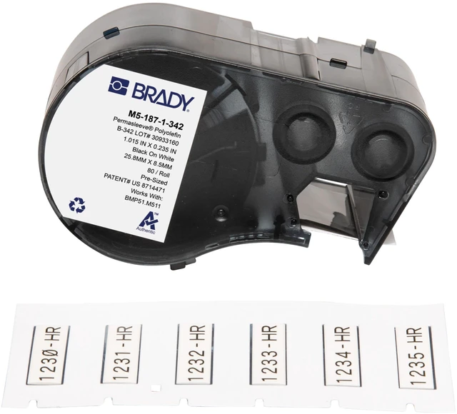 Main image of Authentic (M5-187-1-342) PermaSleeve® Heat-Shrink Labels Polyolefin 0.335" H x 1" W Black on White 0.187" Dia, Cartridge of 80 Labels. for use with The BMP51 and M511 Label Printers