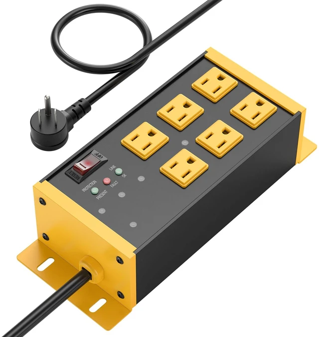Main image of EMI/RFI Filtering Surge Protector, 15 FT Flat Plug Cord, Yellow Heavy Duty Power Strip with Noise Isolated Banks, Wall Mount Metal 6 Outlets, 4800J Surge Protection, ETL Listed