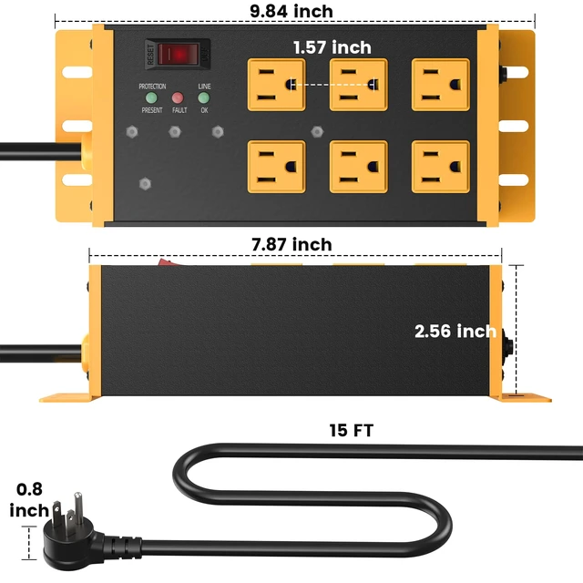 Alt view image 7 of 7 - EMI/RFI Filtering Surge Protector, 15 FT Flat Plug Cord, Yellow Heavy Duty Power Strip with Noise Isolated Banks, Wall Mount Metal 6 Outlets, 4800J Surge Protection, ETL Listed