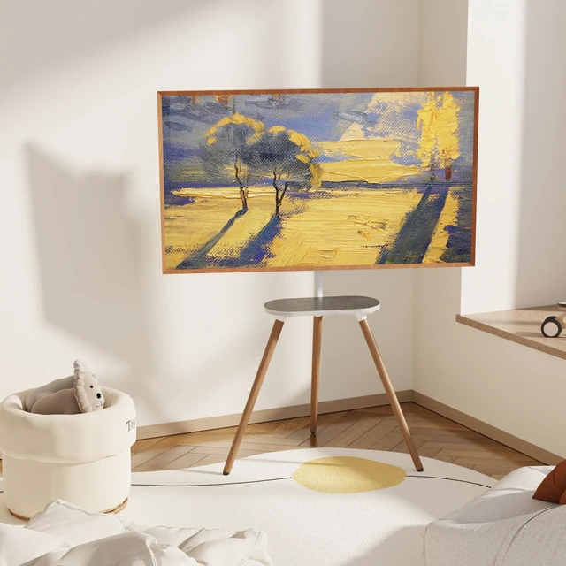Alt view image 2 of 7 - Tripod TV Stand for 43-65" TVs, Swivel, White Height-adjustable easel TV stand, wood media shelf, cable management and VESA up to 400x400