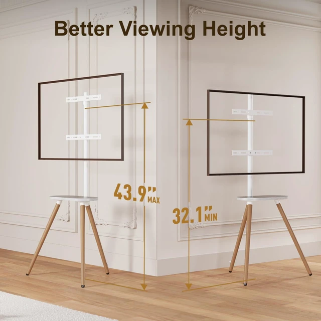 Alt view image 3 of 7 - Tripod TV Stand for 43-65" TVs, Swivel, White Height-adjustable easel TV stand, wood media shelf, cable management and VESA up to 400x400