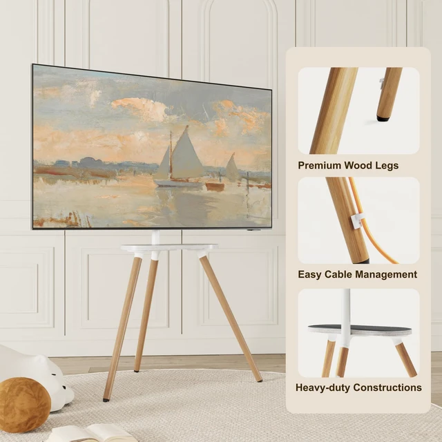 Alt view image 5 of 7 - Tripod TV Stand for 43-65" TVs, Swivel, White Height-adjustable easel TV stand, wood media shelf, cable management and VESA up to 400x400