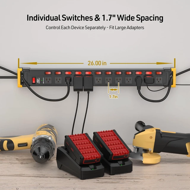 Alt view image 2 of 7 - 12-Outlet Metal Power Strip with Individual Switches, 15A/1875W, 9FT Wide Spacing for Bulky Plugs, 1020J Surge Protector Power Strip with Cable Management, Perfect for Home Garage Shop School