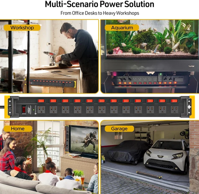 Alt view image 3 of 7 - 12-Outlet Metal Power Strip with Individual Switches, 15A/1875W, 9FT Wide Spacing for Bulky Plugs, 1020J Surge Protector Power Strip with Cable Management, Perfect for Home Garage Shop School