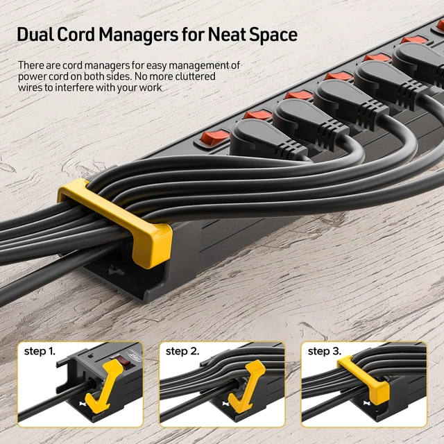 Alt view image 4 of 7 - 12-Outlet Metal Power Strip with Individual Switches, 15A/1875W, 9FT Wide Spacing for Bulky Plugs, 1020J Surge Protector Power Strip with Cable Management, Perfect for Home Garage Shop School