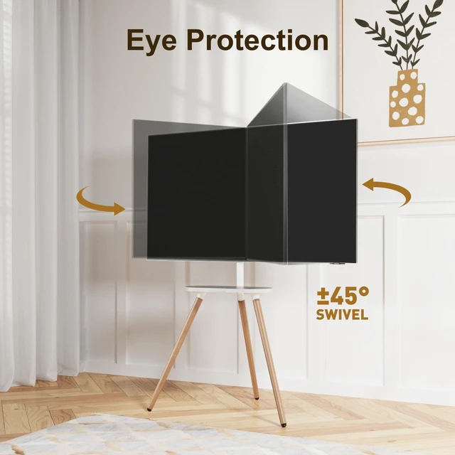 Alt view image 4 of 7 - Tripod TV Stand for 43-65" TVs, Swivel, White Height-adjustable easel TV stand, wood media shelf, cable management and VESA up to 400x400