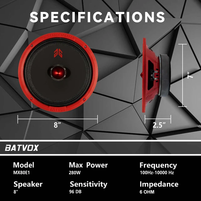 Alt view image 3 of 7 - MX80E1 Loudspeaker 8 Inch Midrange 560 Watts 6 Ohms Red Bullet, Premium Quality Audio Door Speakers for Car or Truck Stereo Sound System, Red (2 Speakers)