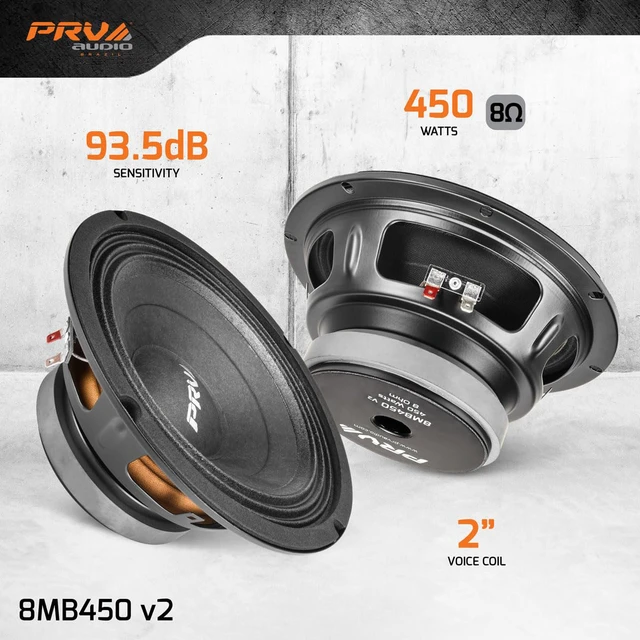 Alt view image 2 of 7 - 8 Inch Midbass Speaker 8MB450 v2, 450 Watts, 8 Ohm, 2 in Voice Coil, Loudspeaker for High Output Pro/Car Sound System (2 Speakers) Bundle