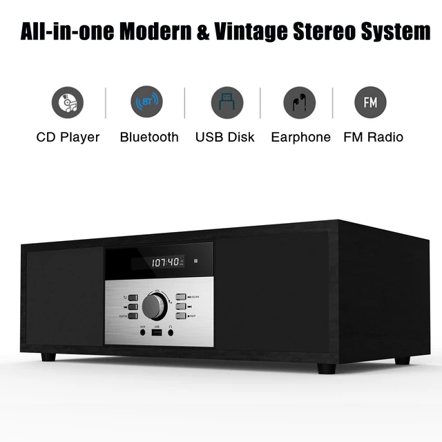 Alt view image 2 of 7 - Nostalgic Bluetooth Stereo System for Home, Vintage Micro HiFi Systems CD Player,with Bluetooth Audio Streaming,FM Radio,USB Port,Aux-in,Earphone Port (Black CD Player)
