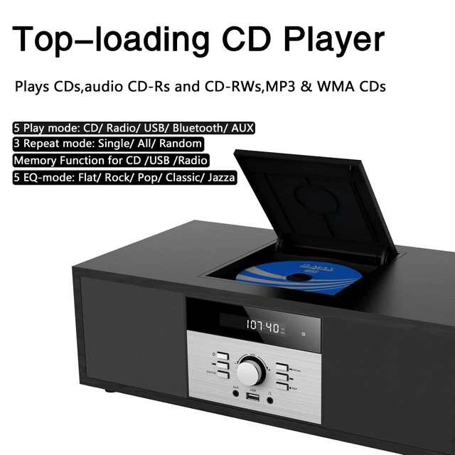 Alt view image 3 of 7 - Nostalgic Bluetooth Stereo System for Home, Vintage Micro HiFi Systems CD Player,with Bluetooth Audio Streaming,FM Radio,USB Port,Aux-in,Earphone Port (Black CD Player)