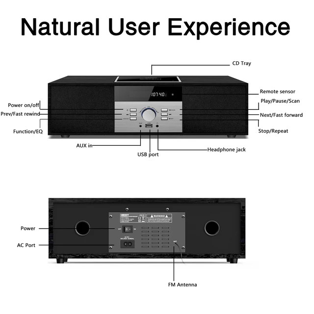 Alt view image 5 of 7 - Nostalgic Bluetooth Stereo System for Home, Vintage Micro HiFi Systems CD Player,with Bluetooth Audio Streaming,FM Radio,USB Port,Aux-in,Earphone Port (Black CD Player)