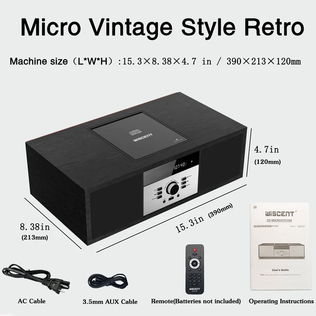 Alt view image 7 of 7 - Nostalgic Bluetooth Stereo System for Home, Vintage Micro HiFi Systems CD Player,with Bluetooth Audio Streaming,FM Radio,USB Port,Aux-in,Earphone Port (Black CD Player)
