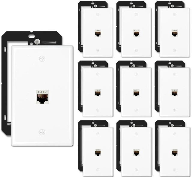 Main image of 10-Pack Shielded Cat7 Ethernet Wall Plate, 1-Port Keystone 10Gbit/s, 1-Port Keystone Wall Plate with Bracket + Cat7 Shielded RJ45 Coupler, Female to Female RJ45 Cat7 Wall Plate, PoE
