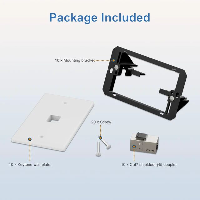 Alt view image 6 of 7 - 10-Pack Shielded Cat7 Ethernet Wall Plate, 1-Port Keystone 10Gbit/s, 1-Port Keystone Wall Plate with Bracket + Cat7 Shielded RJ45 Coupler, Female to Female RJ45 Cat7 Wall Plate, PoE