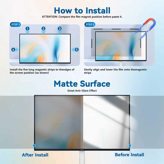 Alt view image 4 of 7 - 2 Pack 24 inch Magnetic Privacy Screen For 16:9 Computer Monitor Easy Snap On Install, Anti-Glare & Blue Light Filter & Spy Protector, Matte Privacy Shield Support 24" Curved & Flat Screen