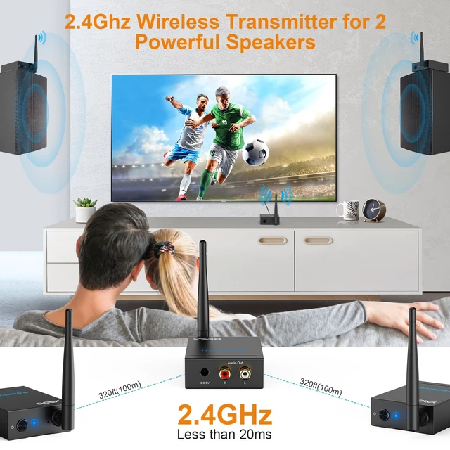 Alt view image 2 of 7 - 2.4GHz Wireless Audio Transmitter Receiver (1 TX+2 RX) for Home Audio 320ft Long Range 20ms-Ultra Low Latency RCA Jack Wireless Adapter from TV/PC to Active Subwoofer/Powered Speaker/Stereo