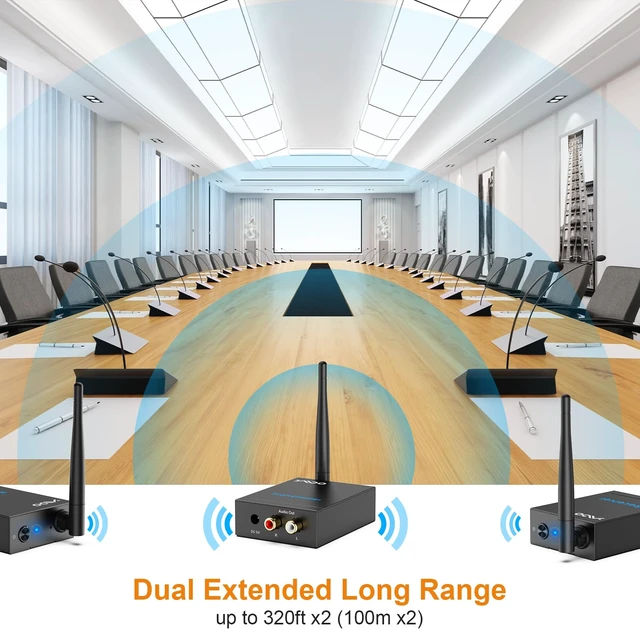 Alt view image 4 of 7 - 2.4GHz Wireless Audio Transmitter Receiver (1 TX+2 RX) for Home Audio 320ft Long Range 20ms-Ultra Low Latency RCA Jack Wireless Adapter from TV/PC to Active Subwoofer/Powered Speaker/Stereo