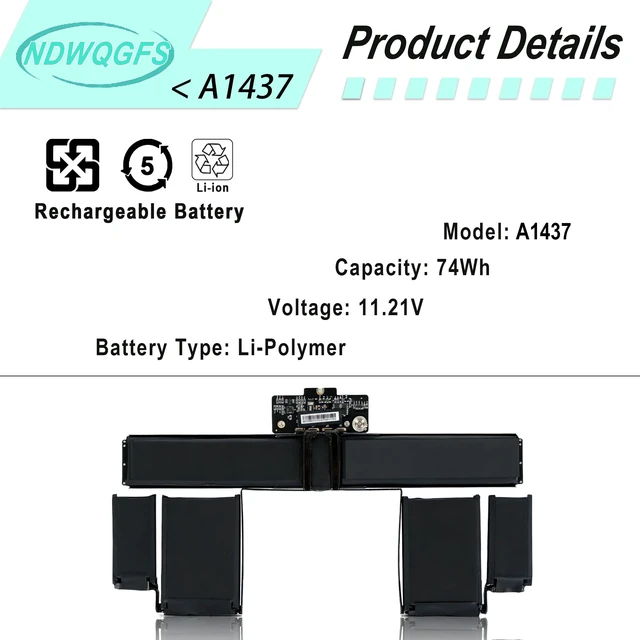 Alt view image 2 of 6 - A1437 A1425 Laptop Battery Compatible with MacBook Pro Retina 13" A1425 Late 2012 & Early 2013 74Wh 11.21V Fits Models MD101 MD102 MD212 MD213 ME662 EMC 2557 2672