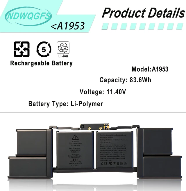 Alt view image 2 of 7 - A1953 A1990 Battery for MacBook Pro 15 Inch (Mid 2018 2019) Laptop Battery Replacement Model A1953 Battery EMC 3215 3359 MV902LL/A, MV932LL/A, MR962LL/A