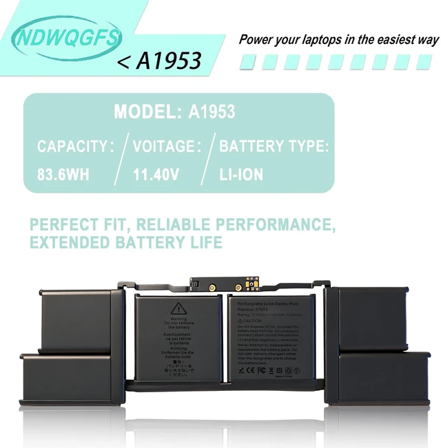 Alt view image 6 of 7 - A1953 A1990 Battery for MacBook Pro 15 Inch (Mid 2018 2019) Laptop Battery Replacement Model A1953 Battery EMC 3215 3359 MV902LL/A, MV932LL/A, MR962LL/A