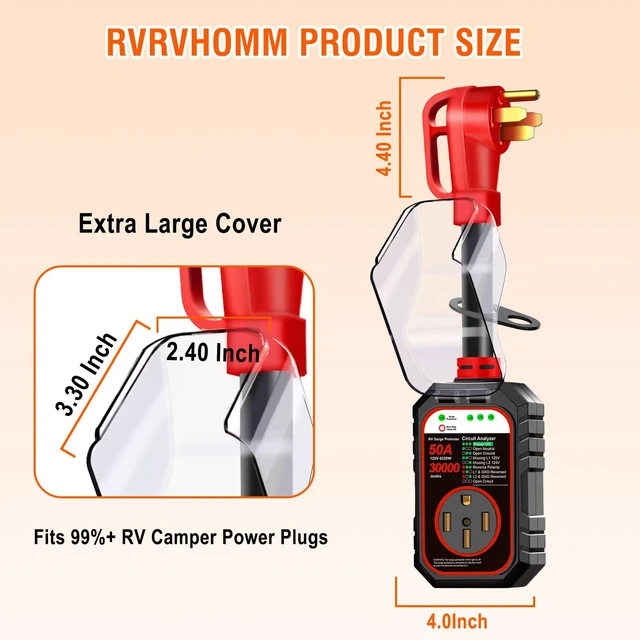 Alt view image 3 of 7 - 30000J 50Amp RV Surge Protector 50 Amp Flag Design - Upgraded Power Surges Voltage Protection Circuit Analyzer IP68 Waterproof Cover for 50A RVS Camper Trailer Must Haves (50Amp, Red)