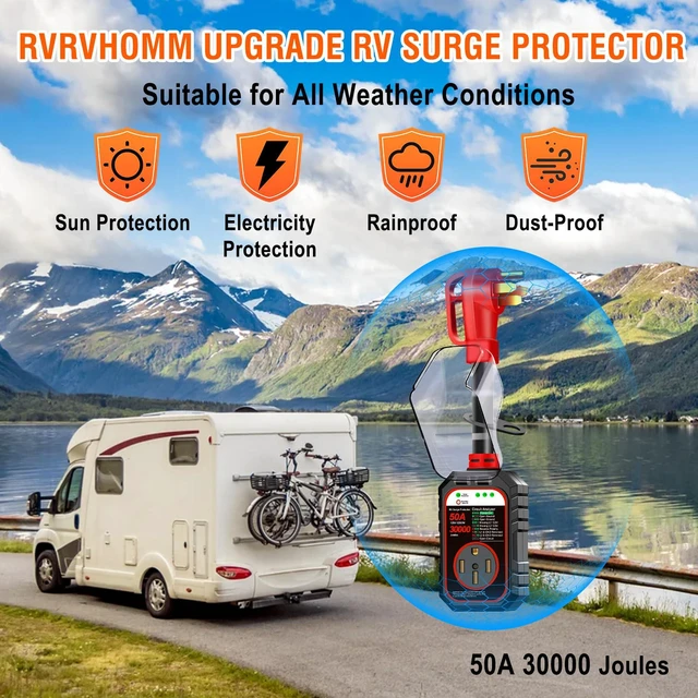 Alt view image 7 of 7 - 30000J 50Amp RV Surge Protector 50 Amp Flag Design - Upgraded Power Surges Voltage Protection Circuit Analyzer IP68 Waterproof Cover for 50A RVS Camper Trailer Must Haves (50Amp, Red)