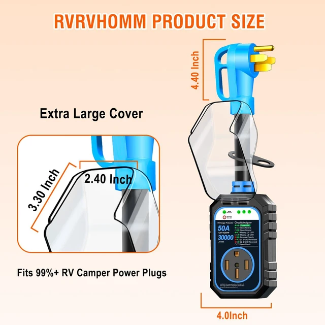 Alt view image 3 of 7 - 30000J 50Amp RV Surge Protector 50 Amp Flag Design - Upgraded Power Surges Voltage Protection Circuit Analyzer IP68 Waterproof Cover for 50A RVS Camper Trailer Must Haves (50Amp, Blue)