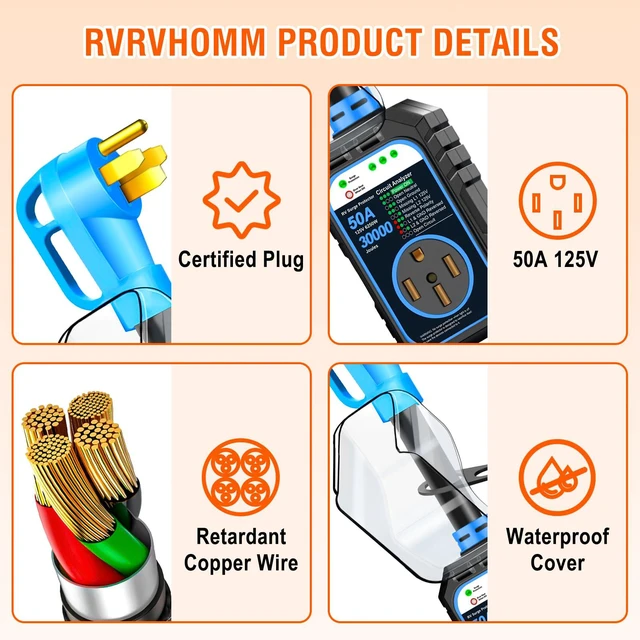 Alt view image 4 of 7 - 30000J 50Amp RV Surge Protector 50 Amp Flag Design - Upgraded Power Surges Voltage Protection Circuit Analyzer IP68 Waterproof Cover for 50A RVS Camper Trailer Must Haves (50Amp, Blue)