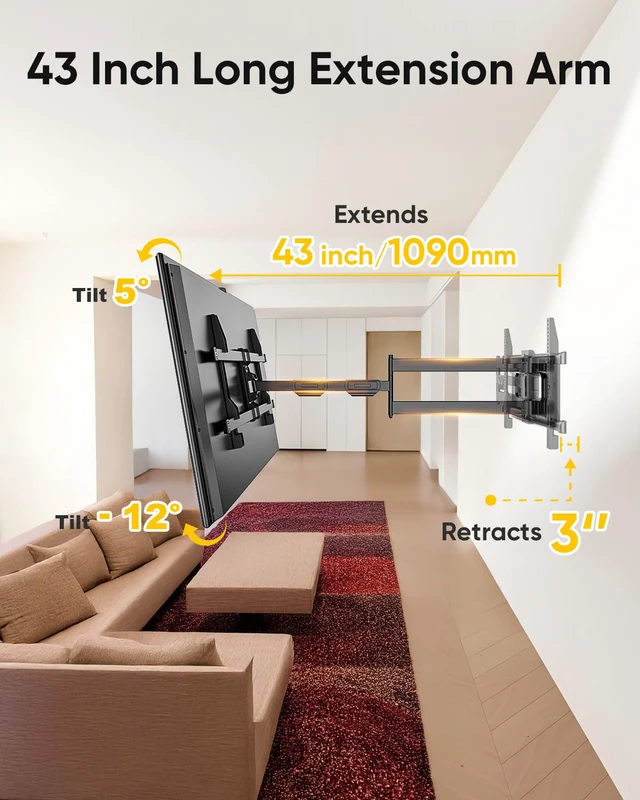 Alt view image 2 of 7 - Long Arm TV Wall Mount Full Motion TV Mount for 42-80" TVs Corner Wall Mount Bracket with 43" Extension, Swivel & Tilt, Fits Flat/Curved Screens, Holds 110 lbs, VESA 600x400mm