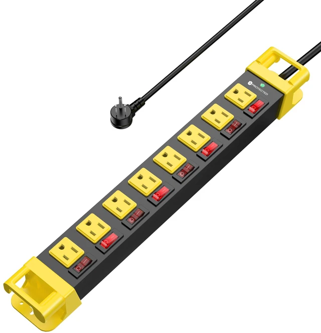 Main image of 8 Outlet Power Strip with Individual Switches & Cord Manager 1200J 25FT Wall Mount Heavy Duty Power Strip Home Office Garage Industrial Workbench