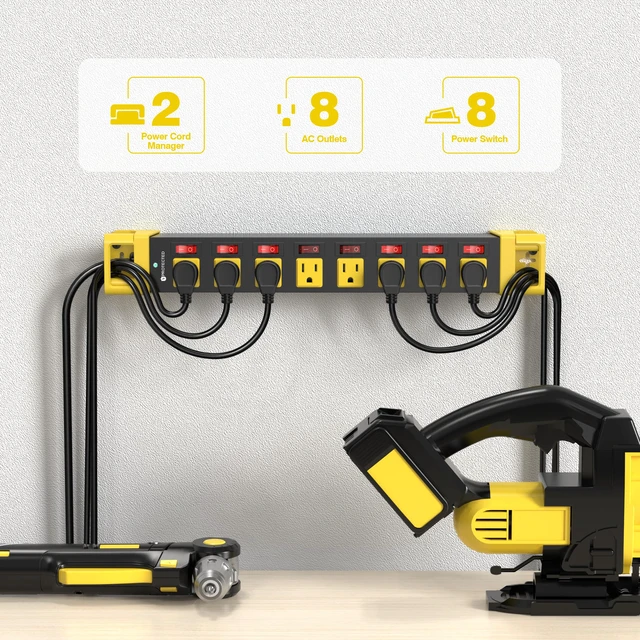 Alt view image 3 of 7 - 8 Outlet Power Strip with Individual Switches & Cord Manager 1200J 25FT Wall Mount Heavy Duty Power Strip Home Office Garage Industrial Workbench
