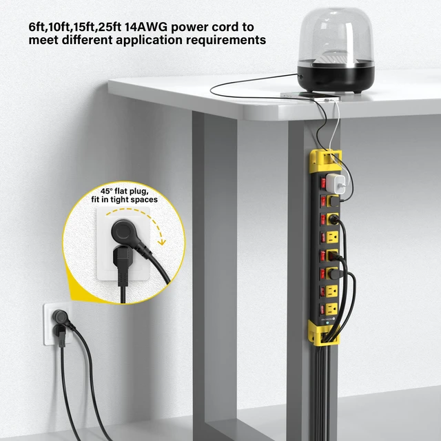 Alt view image 5 of 7 - 8 Outlet Power Strip with Individual Switches & Cord Manager 1200J 25FT Wall Mount Heavy Duty Power Strip Home Office Garage Industrial Workbench
