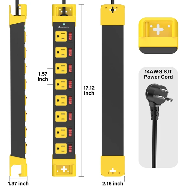 Alt view image 7 of 7 - 8 Outlet Power Strip with Individual Switches & Cord Manager 1200J 25FT Wall Mount Heavy Duty Power Strip Home Office Garage Industrial Workbench