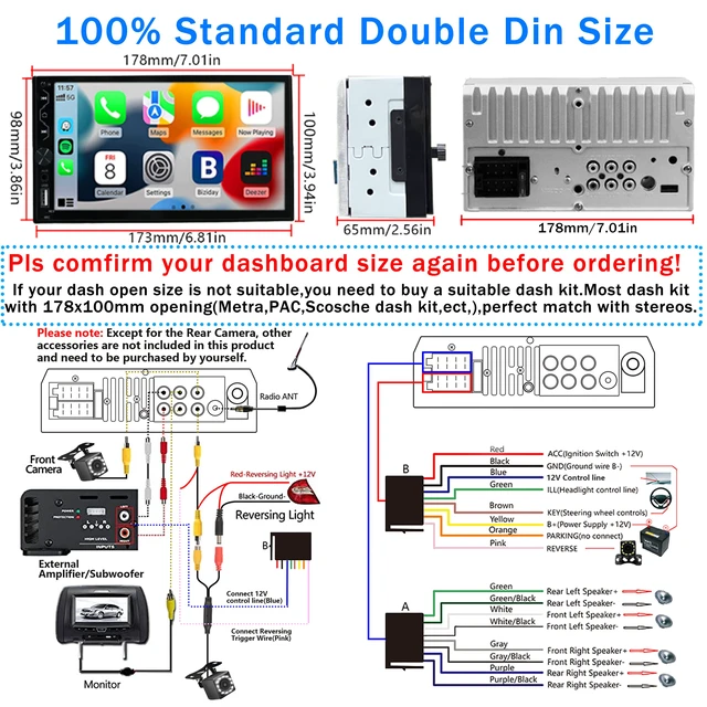 Alt view image 6 of 6 - Wireless Carplay Double Din Car Stereo with Backup Camera 7 Inch HD Touchscreen Car Stereo Receivers, Wireless Carplay&Android Auto, Mirror Link, Bluetooth, SWC, FM/USB/AUX/Subwoofer