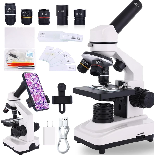 Main image of Microscope for Adults & Kids, 40X-2500X High-Power Compound Microscope for Students, School Lab & Home Schooling,Equiped with Slides Set & Phone Holder (White)