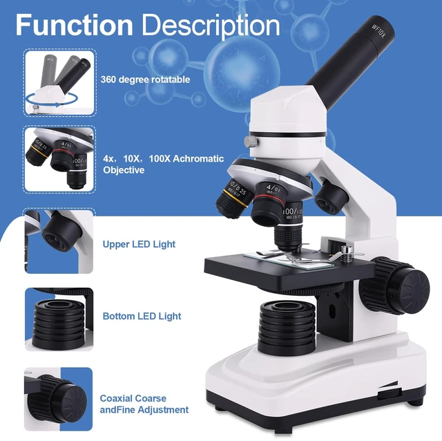 Alt view image 5 of 7 - Microscope for Adults & Kids, 40X-2500X High-Power Compound Microscope for Students, School Lab & Home Schooling,Equiped with Slides Set & Phone Holder (White)