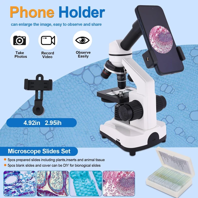 Alt view image 7 of 7 - Microscope for Adults & Kids, 40X-2500X High-Power Compound Microscope for Students, School Lab & Home Schooling,Equiped with Slides Set & Phone Holder (White)