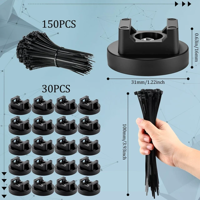 Alt view image 2 of 6 - 250 Pieces Magnetic Zip Tie Mount Cable Wire Management Base, 31 mm Heavy Duty Nylon Ties, Magnet Organizer for Outdoor Use, Multipurpose Wire Management, Metal Surface Mount System