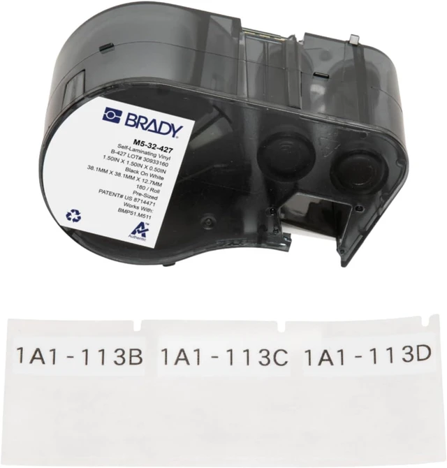 Main image of Authentic (M5-32-427) Self-Laminating Vinyl Wrap Around Labels 1.5" H x 1.5" W Black on White, Clear, 180 Labels. for use with the BMP51 and M511 Label Printers
