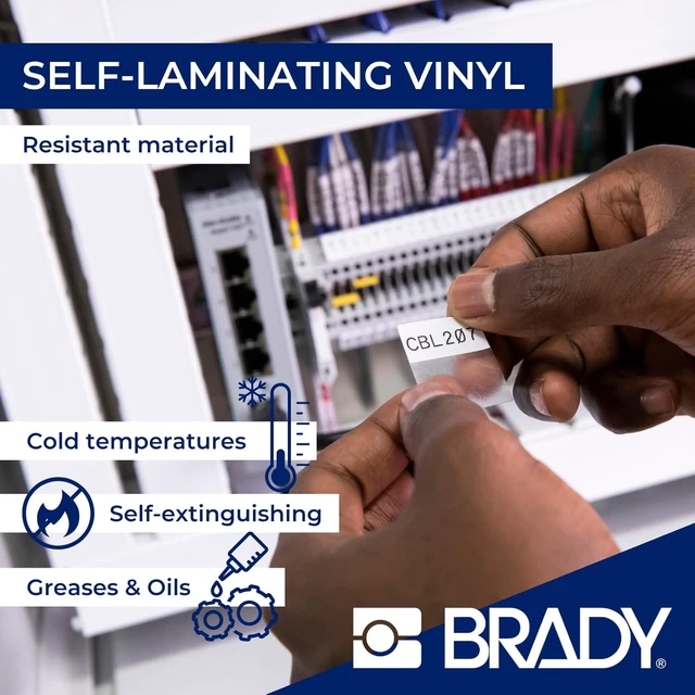 Alt view image 3 of 7 - Authentic (M5-32-427) Self-Laminating Vinyl Wrap Around Labels 1.5" H x 1.5" W Black on White, Clear, 180 Labels. for use with the BMP51 and M511 Label Printers