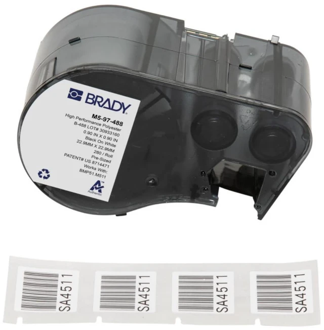 Main image of Authentic (M5-97-488) Solvent Resistant Polyester Labels 0.9 in H x 0.9 in W Black on White, 280 Labels. for use with The BMP51 and M511 Label Printers