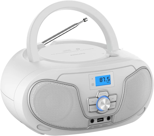 Main image of CD Player Boombox, Dynamic Bass Boost with Bluetooth, FM Radio, USB Playback & AUX Input, Portable Top-Loading Boombox, Clear Stereo, RW/MP3 Compatible (White)