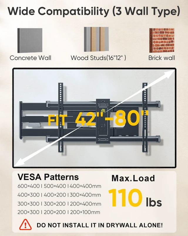 Alt view image 3 of 7 - Long Arm TV Wall Mount Full Motion TV Mount for 42-80" TVs Corner Wall Mount Bracket with 43" Extension, Swivel & Tilt, Fits Flat/Curved Screens, Holds 110 lbs, VESA 600x400mm
