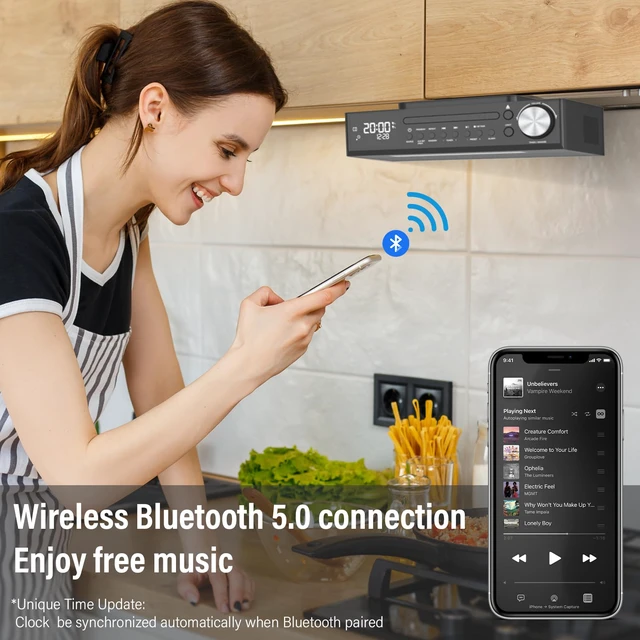 Alt view image 2 of 7 - Bluetooth CD Player,Under Cabinet Kitchen FM Radio CD Player,Dual HD Speakers,Wireless Music System with LED Light,Remote Control,Kitchen Timer,Dual Alarm Clock Black