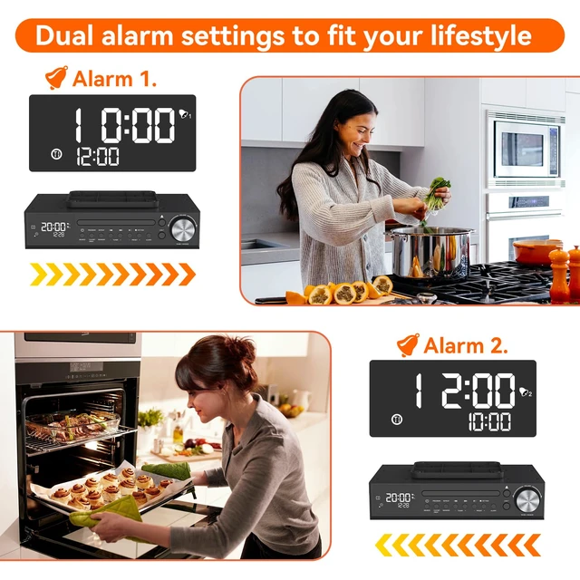 Alt view image 7 of 7 - Bluetooth CD Player,Under Cabinet Kitchen FM Radio CD Player,Dual HD Speakers,Wireless Music System with LED Light,Remote Control,Kitchen Timer,Dual Alarm Clock Black