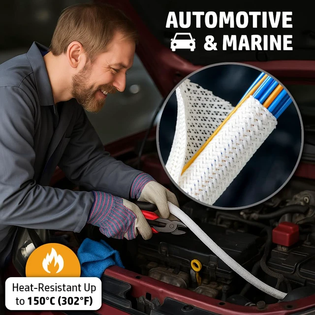 Alt view image 4 of 6 - Braided Split-Sleeve White Wire Loom for High-Temperature Automotive Harness and Home Cable Management 25 feet (1")
