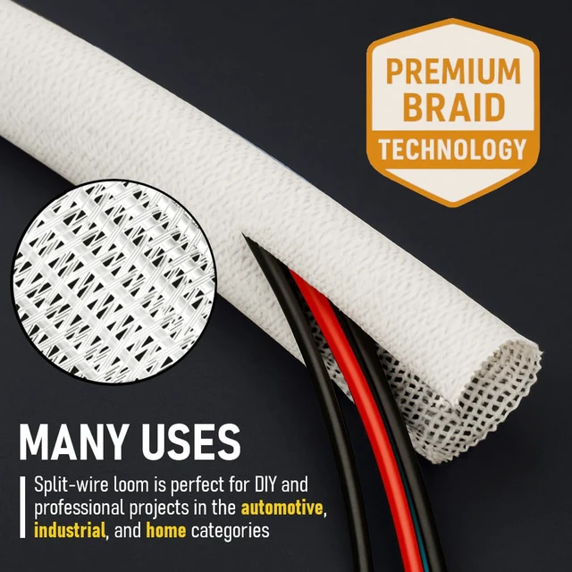 Alt view image 3 of 6 - Braided Split-Sleeve White Wire Loom for High-Temperature Automotive Harness and Home Cable Management 25 feet (1")