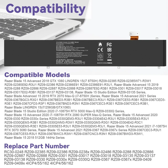 Alt view image 5 of 7 - RC30-0248 Battery Replacement for Razer Blade Advanced 15 2018 2019 2020 2021 RTX 2060 2070 2080 RZ09-02385 RZ09-02386 RZ09-02386E92 RZ09-02486 RZ09-02886 RZ09-02887 RZ09-0301 RZ09-03135 4ICP4/55/162