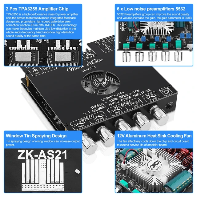 Alt view image 4 of 7 - Bluetooth 5.1 Audio Amplifier Board, ZK-AS21 2.1CH 220W x 2 + 350W HiFi Amp Subwoofer Power Amp Mini Digital Audio Amp Module for Home Speakers(30-220W, 3-8Ohms), DC 16-38V, BT USB AUX Input