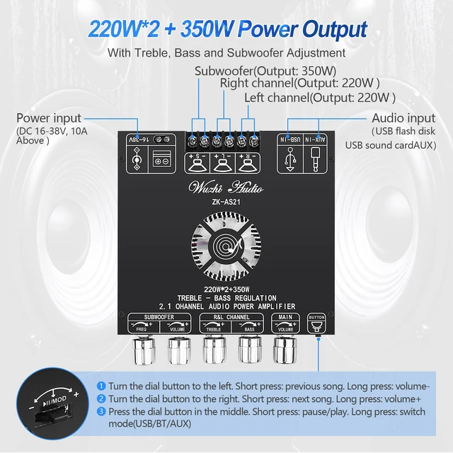 Alt view image 5 of 7 - Bluetooth 5.1 Audio Amplifier Board, ZK-AS21 2.1CH 220W x 2 + 350W HiFi Amp Subwoofer Power Amp Mini Digital Audio Amp Module for Home Speakers(30-220W, 3-8Ohms), DC 16-38V, BT USB AUX Input